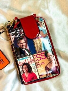 Obama Red Patent faux leather Wristlet Phone Wallet with Magazine Collage